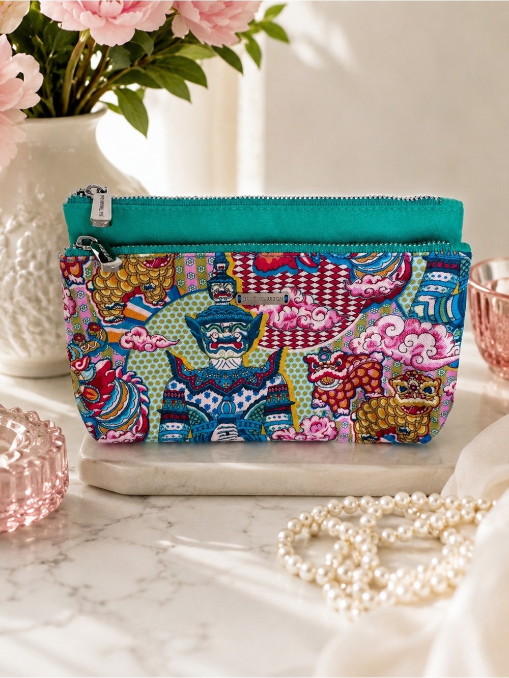 Jim Thompson Thailand Guardian Giant Travel Cosmetic Pouch Makeup Bag Mirror
